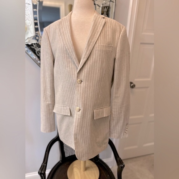 NWOT Beige White Perry Ellis Pin Stripe Linen Cotton Stud Boss Blazer 42R - Picture 4 of 15